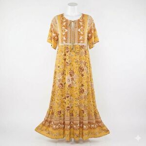 Rusttydustty Yellow Floral Tiered Maxi Dress 4XL Plus Boho Cottagecore Rayon